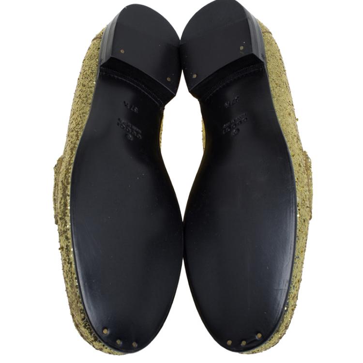 Pre Owned Gucci Gold Glitter Fabric and Leather Horsebit Loafers Size 37.5