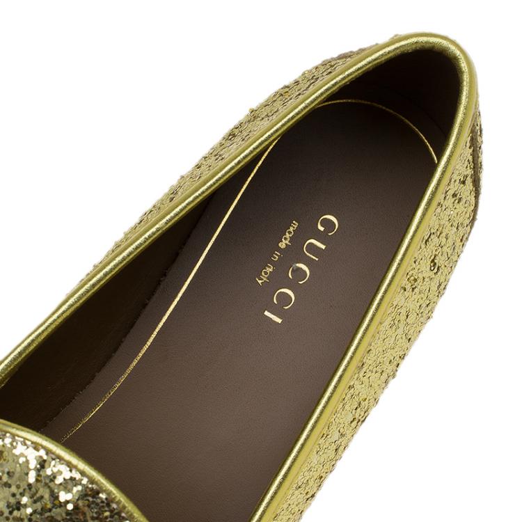 Pre Owned Gucci Gold Glitter Fabric and Leather Horsebit Loafers Size 37.5