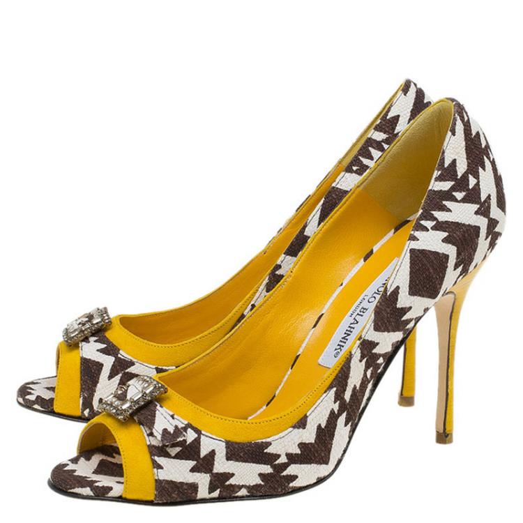 Pre Owned Manolo Blahnik Tricolor Printed Canvas Crystal Buckle Peep Toe Pumps Size 37.5