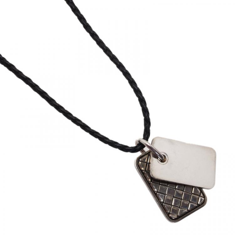 Pre Owned Bottega Veneta Unisex Brown Leather Woven Silver Pendant Necklace