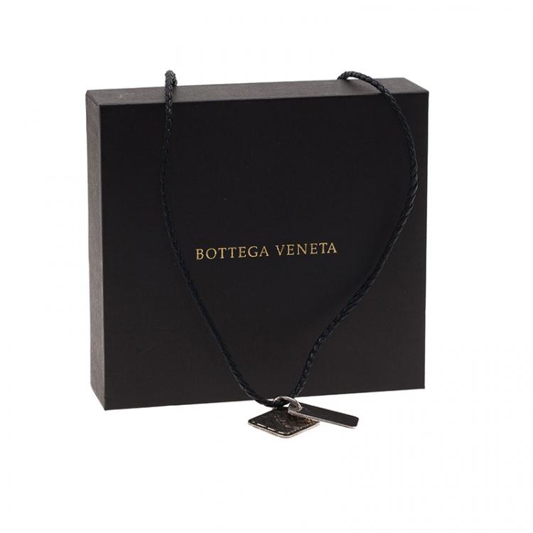 Pre Owned Bottega Veneta Unisex Brown Leather Woven Silver Pendant Necklace