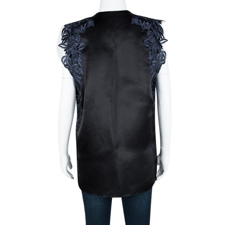Pre Owned 3.1 Phillip Lim Black and Navy Blue Floral Lace Trim Detail Oversized Silk Top M