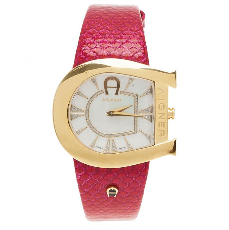 Pre Owned Aigner Genua Quartz Mother Of Pearl Diamond Dial Gold Tone Stainless Steel Pink Leatjher Womens Watch 37 MM
