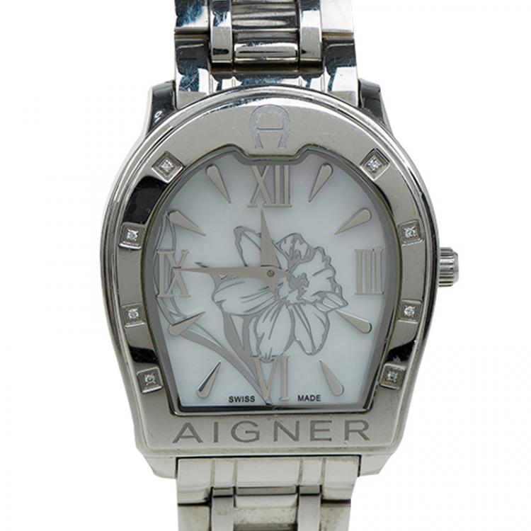 Pre Owned Aigner White Stainless Steel Verona Women's Wristwatch 33MM