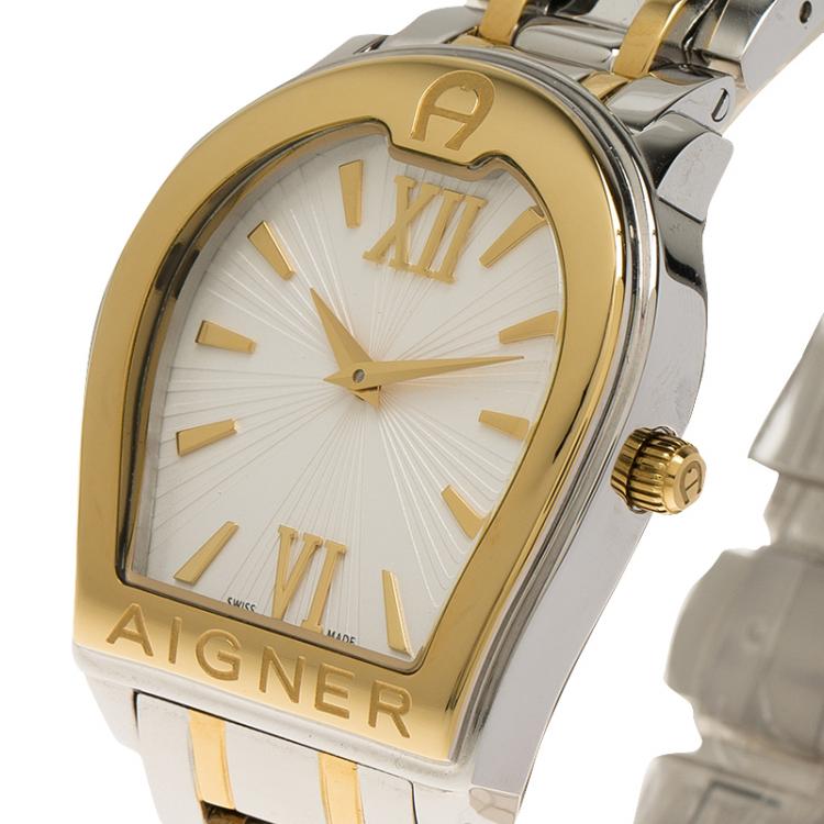 Pre Owned Aigner White Gold-Plated Stainless Steel Verona Women's Wristwatch 33MM
