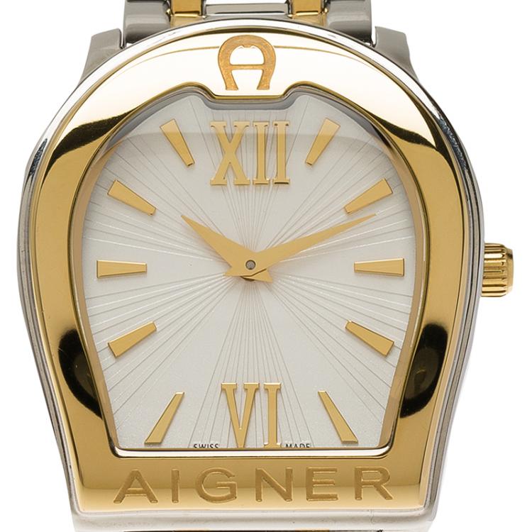 Pre Owned Aigner White Gold-Plated Stainless Steel Verona Women's Wristwatch 33MM