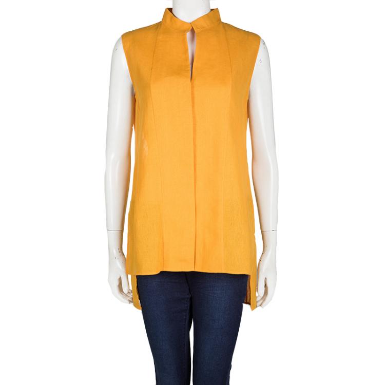 Pre Owned Akris Orange Mandarin Collar High Low Linen Tunic L