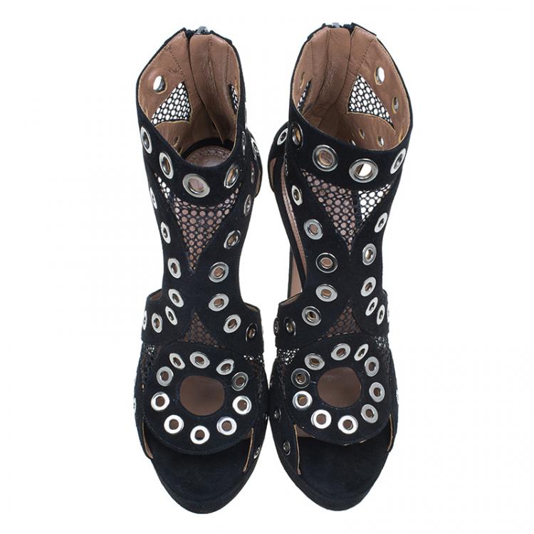 Pre Owned Azzedine Alaïa Black Suede Cutout Platform Sandals Size 37