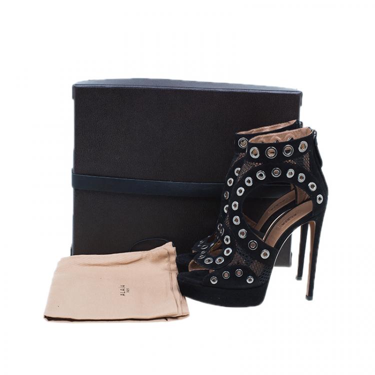Pre Owned Azzedine Alaïa Black Suede Cutout Platform Sandals Size 37