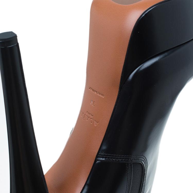 Pre Owned Azzedine Alaia Black Leather and Elastic Panel Ankle Boots Size 39
