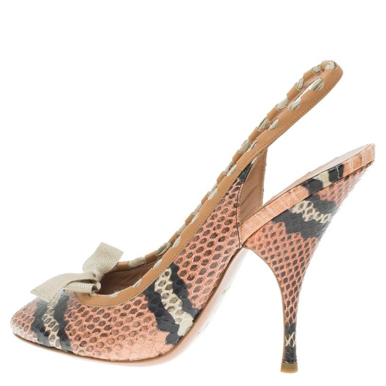 مملوكة مسبقًا Azzedine Alaia Brown Python Bow Detail Slingback Sandals Size 39