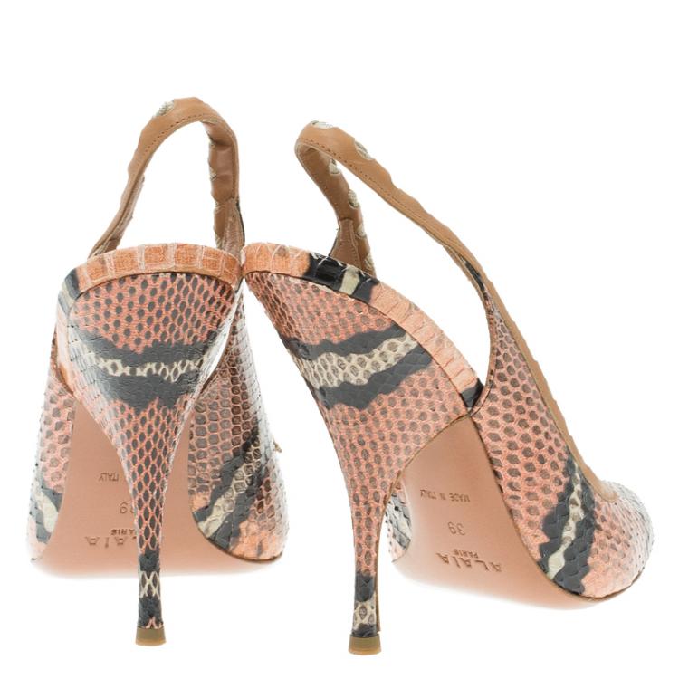 مملوكة مسبقًا Azzedine Alaia Brown Python Bow Detail Slingback Sandals Size 39