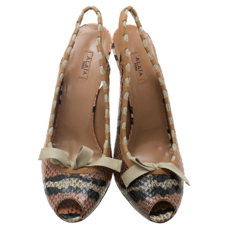 مملوكة مسبقًا Azzedine Alaia Brown Python Bow Detail Slingback Sandals Size 39