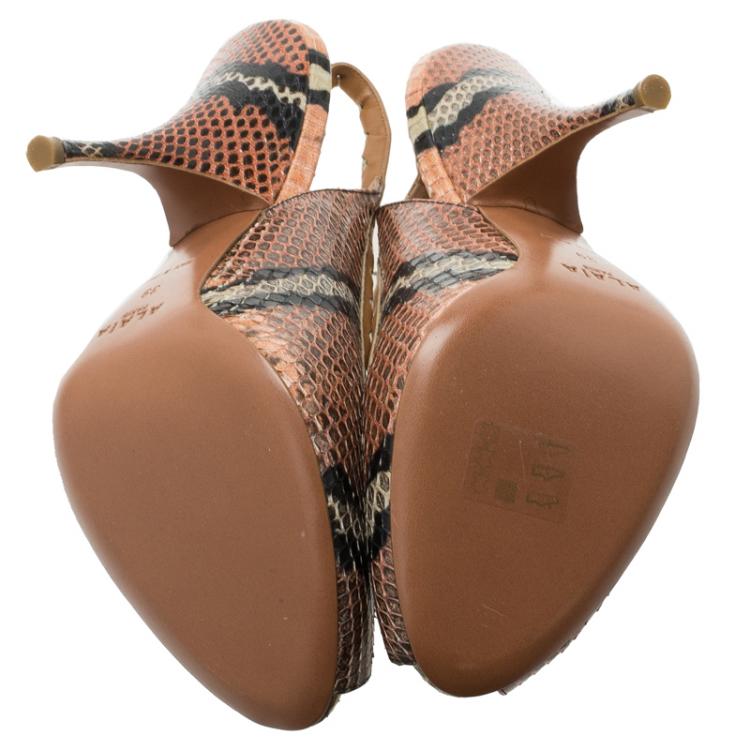 مملوكة مسبقًا Azzedine Alaia Brown Python Bow Detail Slingback Sandals Size 39