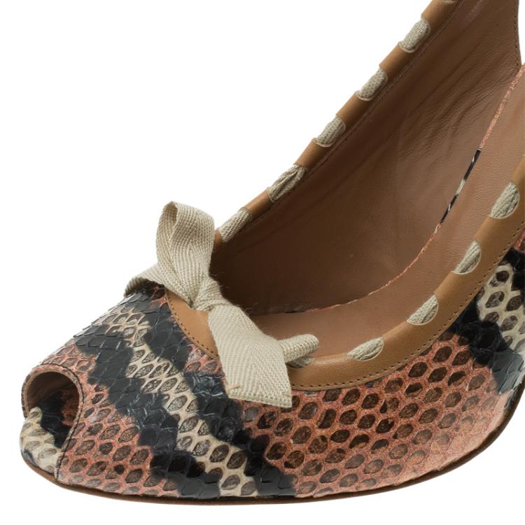 مملوكة مسبقًا Azzedine Alaia Brown Python Bow Detail Slingback Sandals Size 39