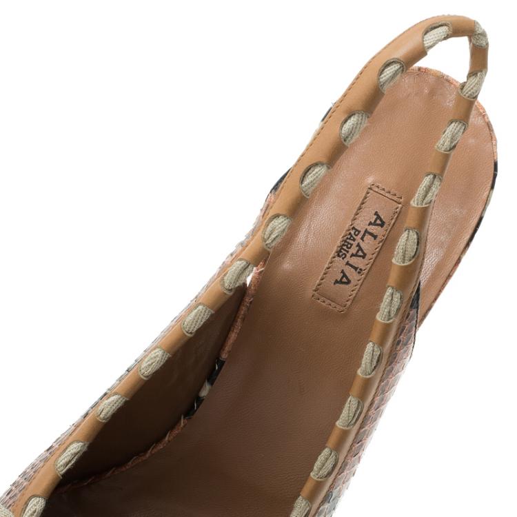 مملوكة مسبقًا Azzedine Alaia Brown Python Bow Detail Slingback Sandals Size 39