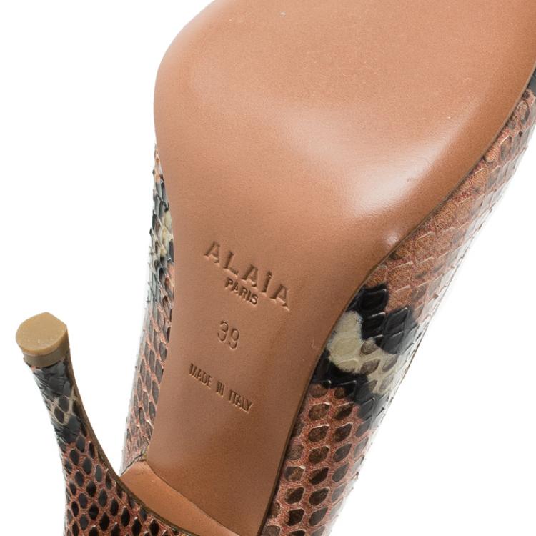 مملوكة مسبقًا Azzedine Alaia Brown Python Bow Detail Slingback Sandals Size 39