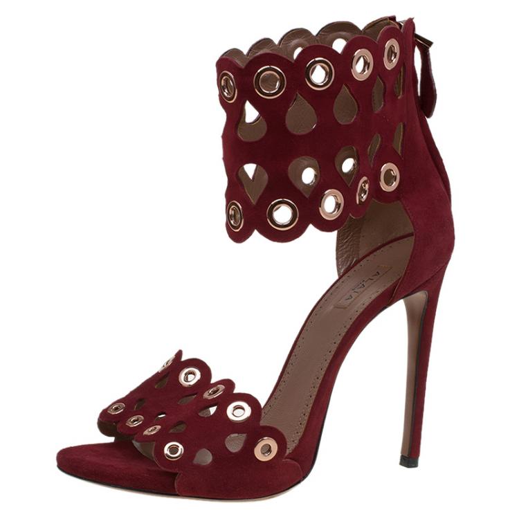 Alaia Burgundy Suede Laser Cut Eyelet Ankle Strap Sandals Size 39.5 ...