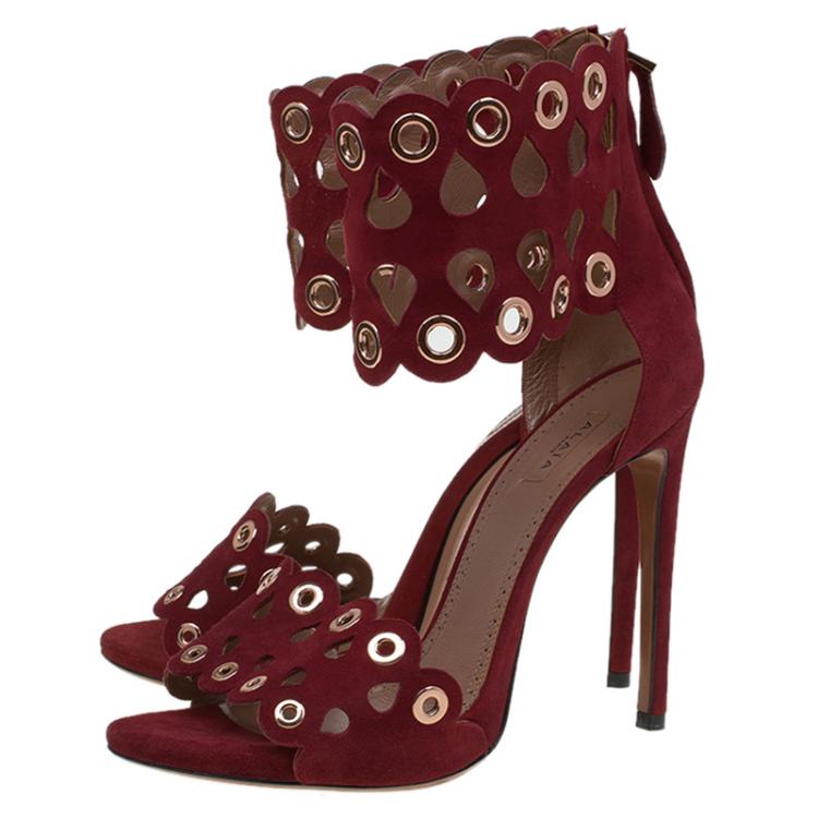 Pre Owned Alaia Burgundy Suede Laser Cut Eyelet Ankle Strap Sandals Size 39.5