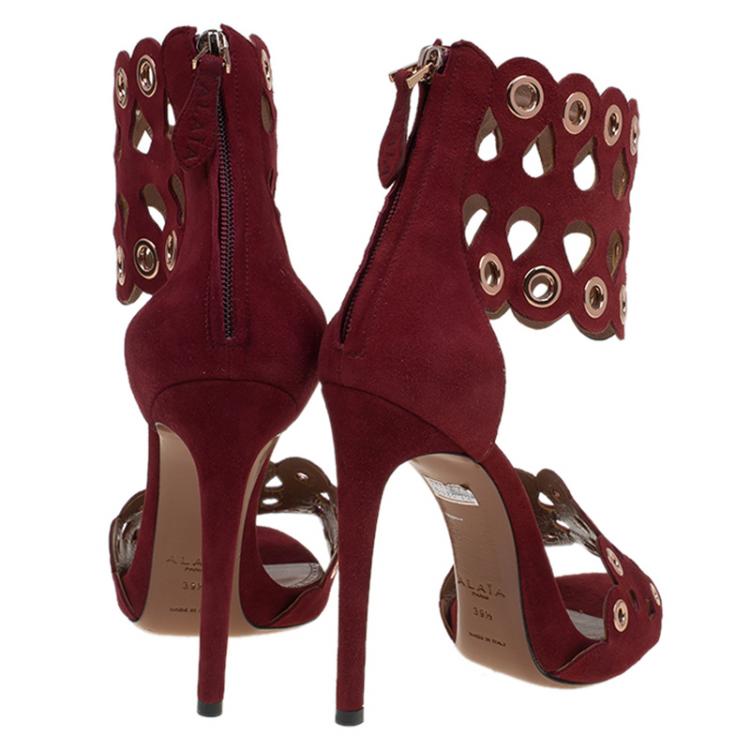 Pre Owned Alaia Burgundy Suede Laser Cut Eyelet Ankle Strap Sandals Size 39.5
