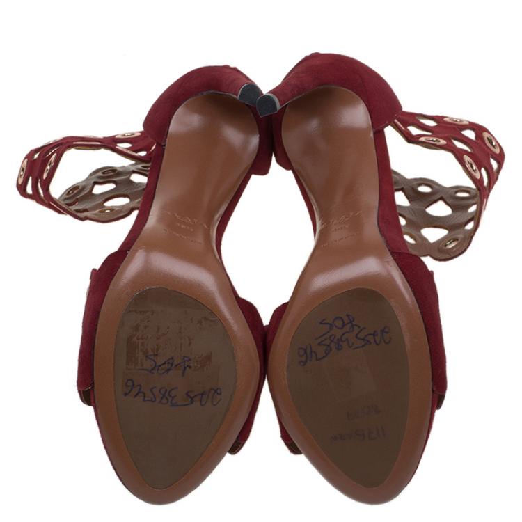 Pre Owned Alaia Burgundy Suede Laser Cut Eyelet Ankle Strap Sandals Size 39.5