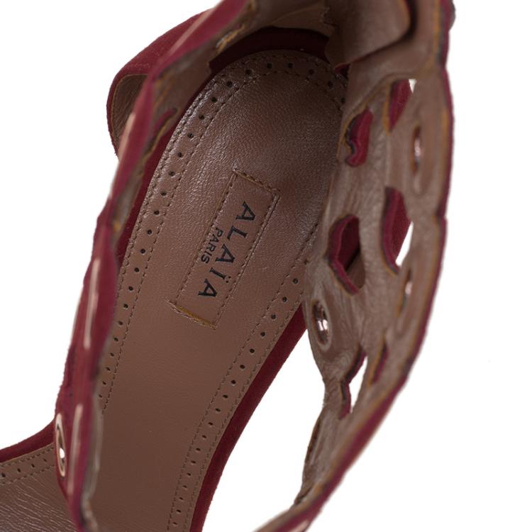 Pre Owned Alaia Burgundy Suede Laser Cut Eyelet Ankle Strap Sandals Size 39.5