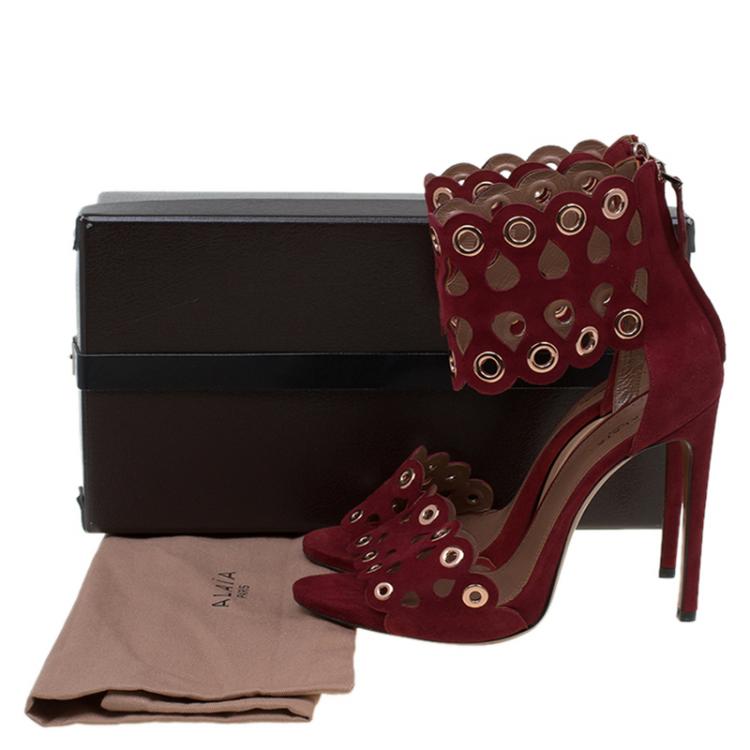 Pre Owned Alaia Burgundy Suede Laser Cut Eyelet Ankle Strap Sandals Size 39.5