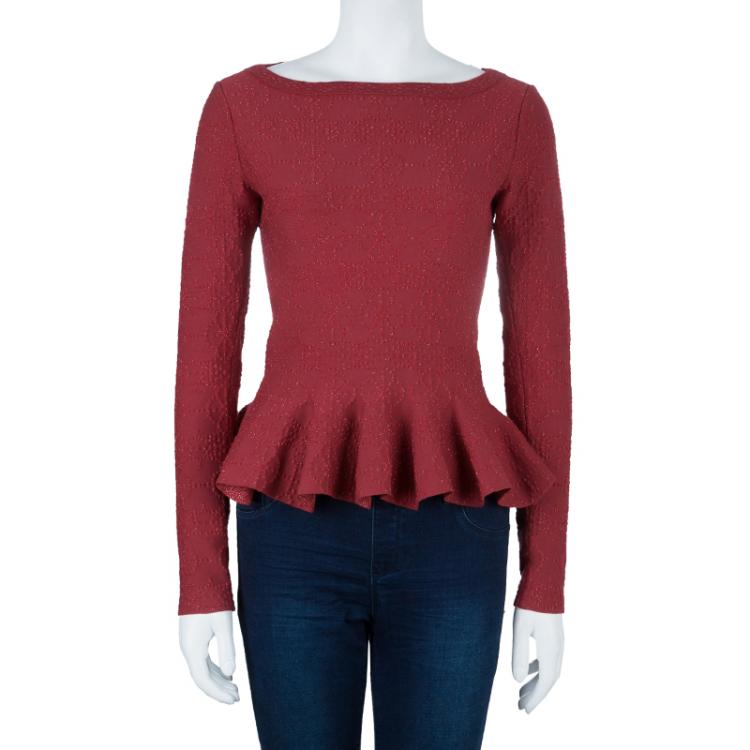 Pre Owned Azzedine Alaia Red Textured Peplum Top M