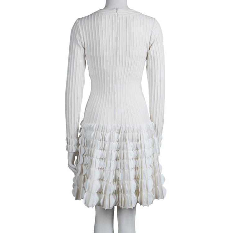 Pre Owned Alaia Cream Knit Textured Surface Detail Long Sleeve Dress M