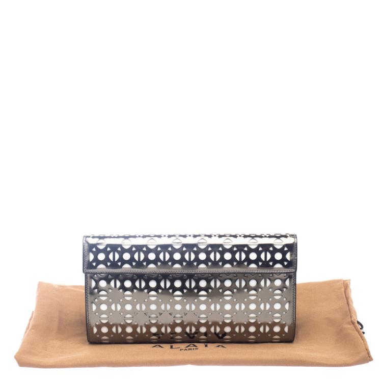 Pre Owned Alaia Metallic Grey Laser Cut Patent Leather Clutch