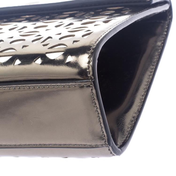 Pre Owned Alaia Metallic Grey Laser Cut Patent Leather Clutch