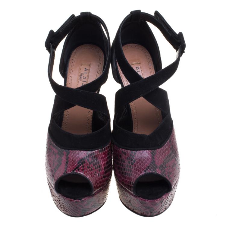 Pre Owned Alaia Burgundy Python and Suede Cross Strap Peep Toe Sandals Size 36