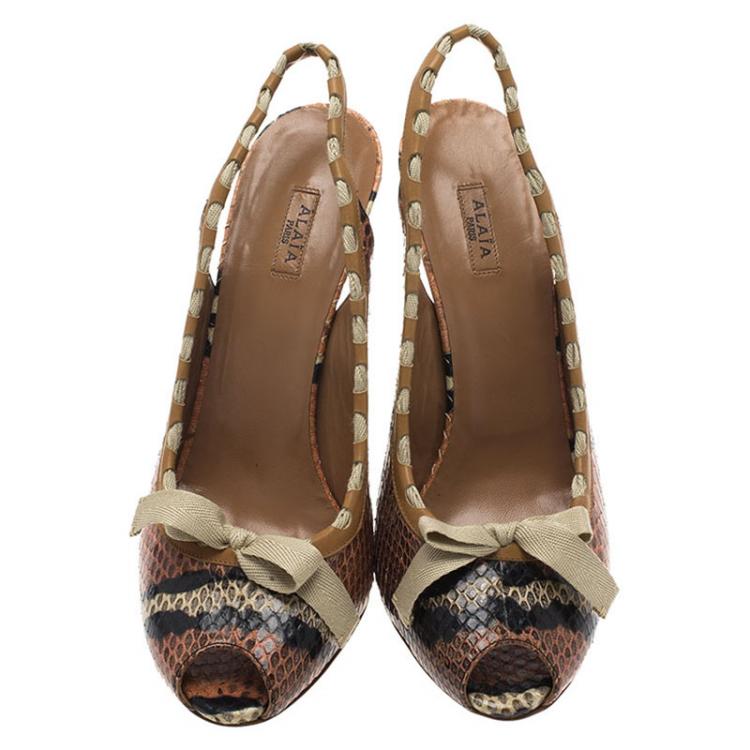 Pre Owned Alaia Brown Python Bow Detail Slingback Sandals Size 39