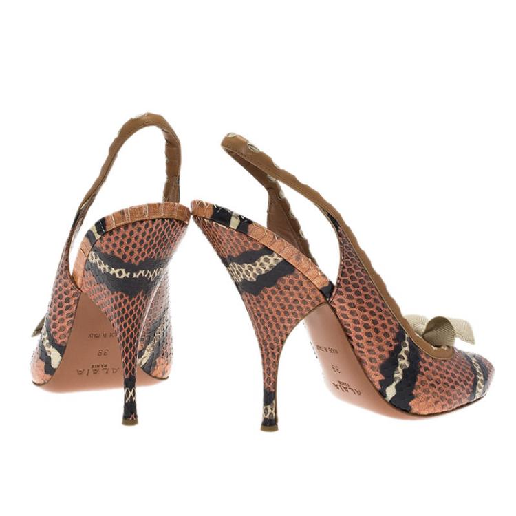 Pre Owned Alaia Brown Python Bow Detail Slingback Sandals Size 39
