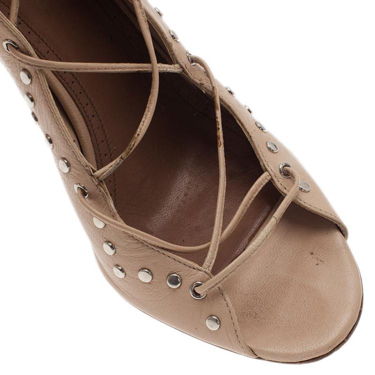 Pre Owned Azzedine Alaia Beige Leather Lace Up Gladiator Sandals Size 40