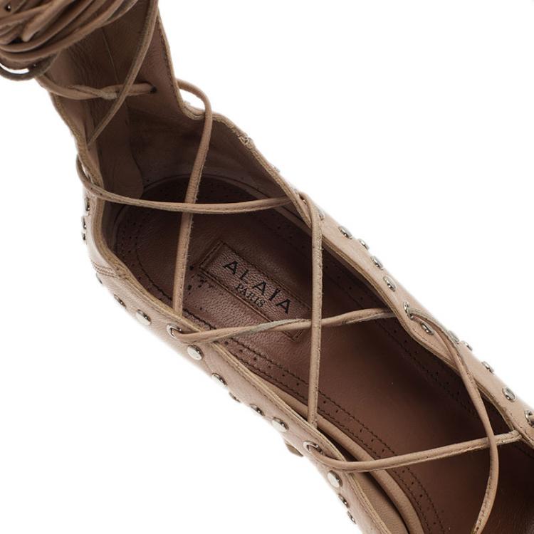 Pre Owned Azzedine Alaia Beige Leather Lace Up Gladiator Sandals Size 40