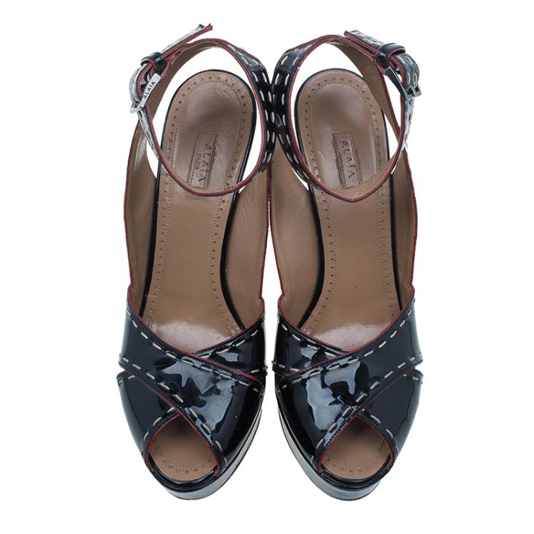 Pre Owned Azzedine Alaia Black Patent Criss Cross Ankle Strap Sandals Size 40