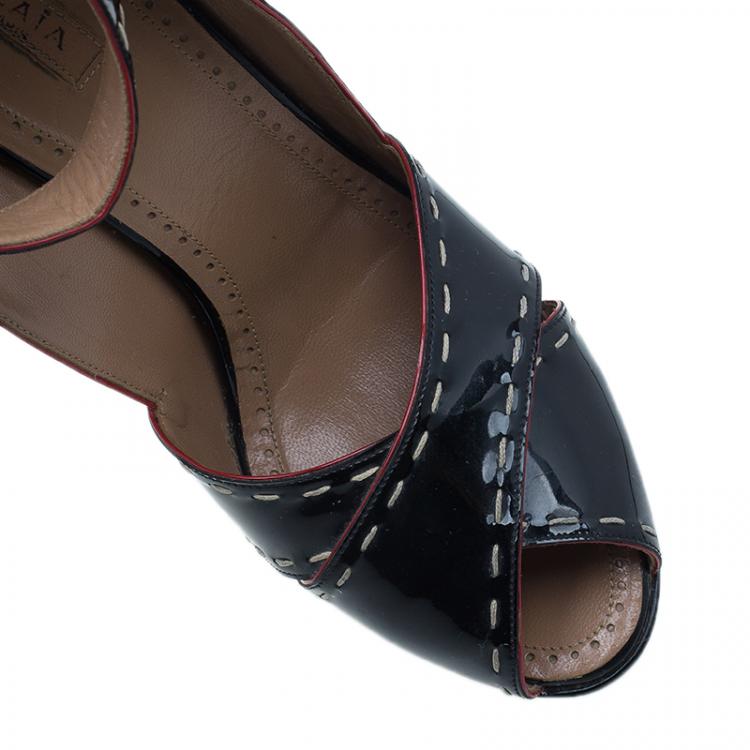 Pre Owned Azzedine Alaia Black Patent Criss Cross Ankle Strap Sandals Size 40