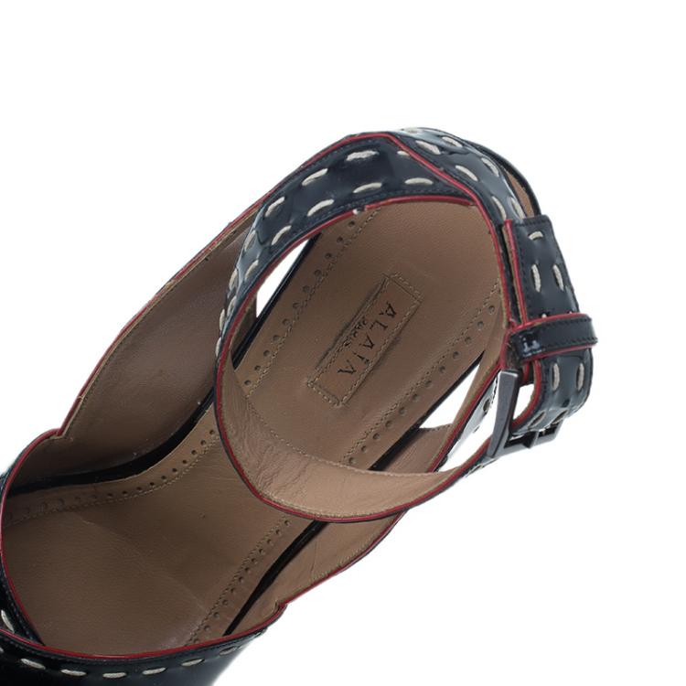 Pre Owned Azzedine Alaia Black Patent Criss Cross Ankle Strap Sandals Size 40