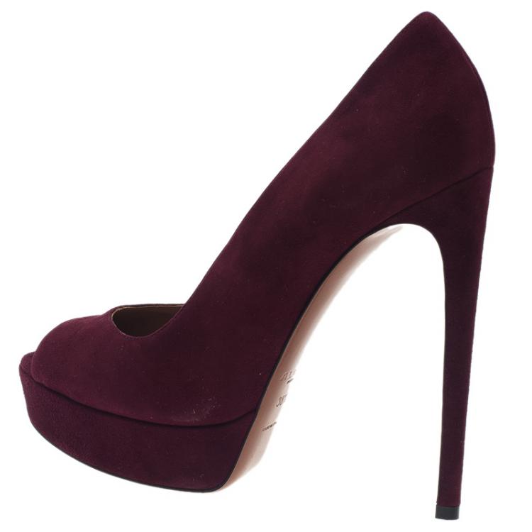 Pre Owned Azzedine Alaia Burgundy Suede Peep Toe Platform Pumps Size 38.5