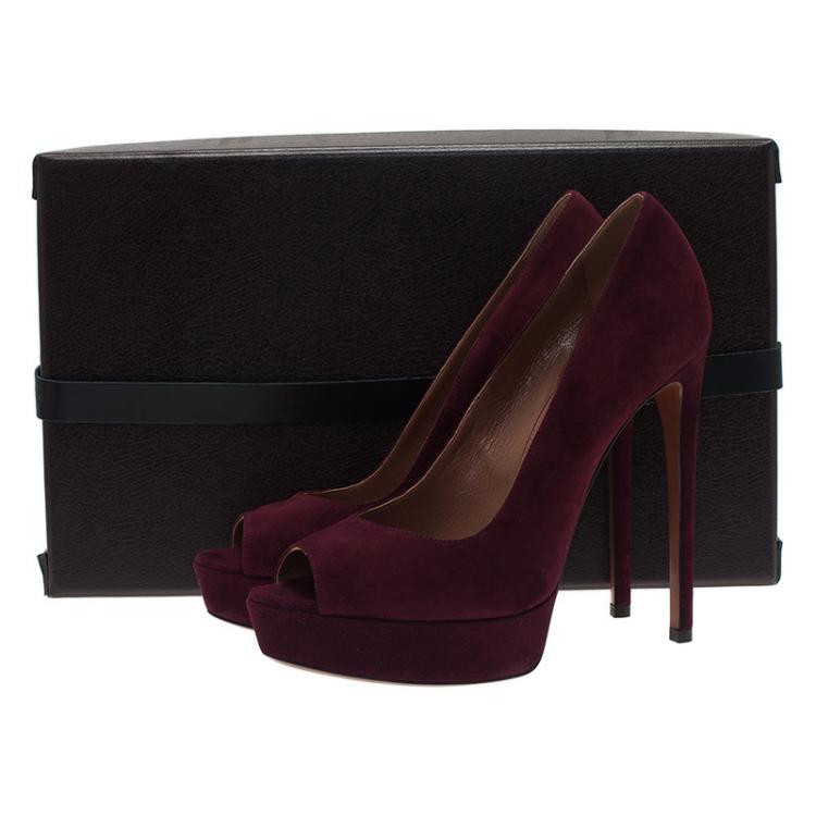 Pre Owned Azzedine Alaia Burgundy Suede Peep Toe Platform Pumps Size 38.5