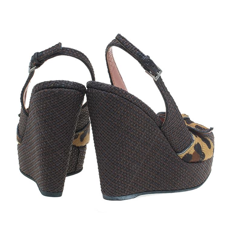Pre Owned Azzedine Alaia Brown Raffia and Leopard Pony Hair Bow Slingback Wedges Size 36