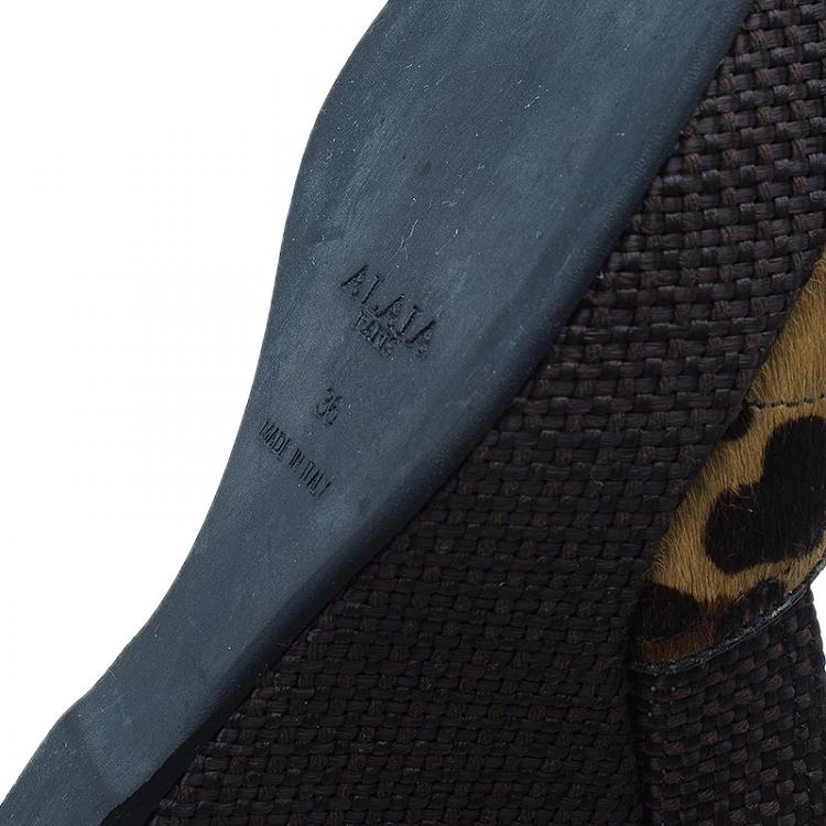 Pre Owned Azzedine Alaia Brown Raffia and Leopard Pony Hair Bow Slingback Wedges Size 36