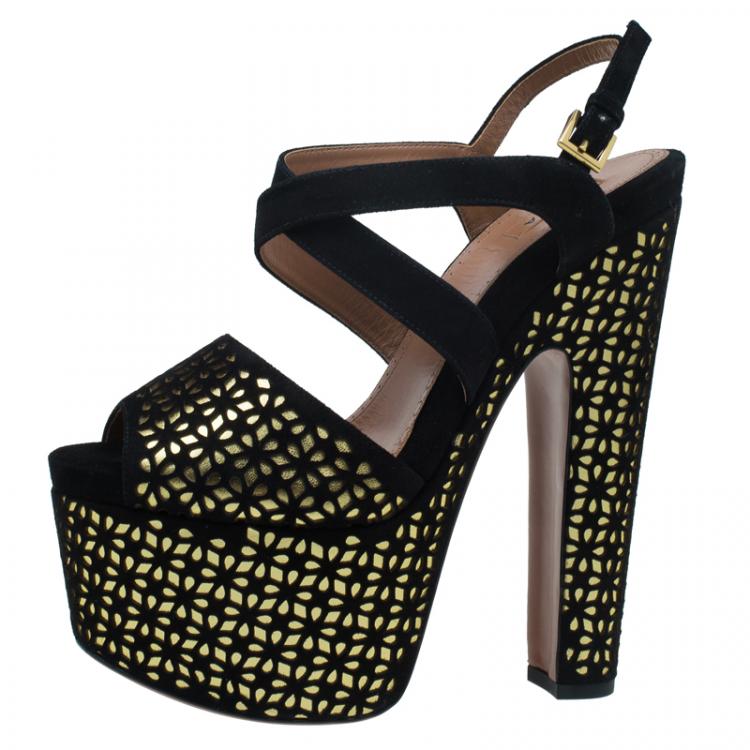 Pre Owned Azzedine Alaia Black and Metallic Gold Suede Cutout Platform Sandals Size 38