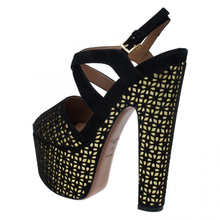 Pre Owned Azzedine Alaia Black and Metallic Gold Suede Cutout Platform Sandals Size 38
