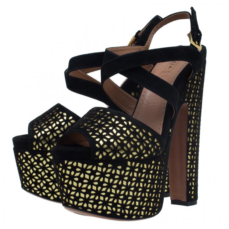 Pre Owned Azzedine Alaia Black and Metallic Gold Suede Cutout Platform Sandals Size 38
