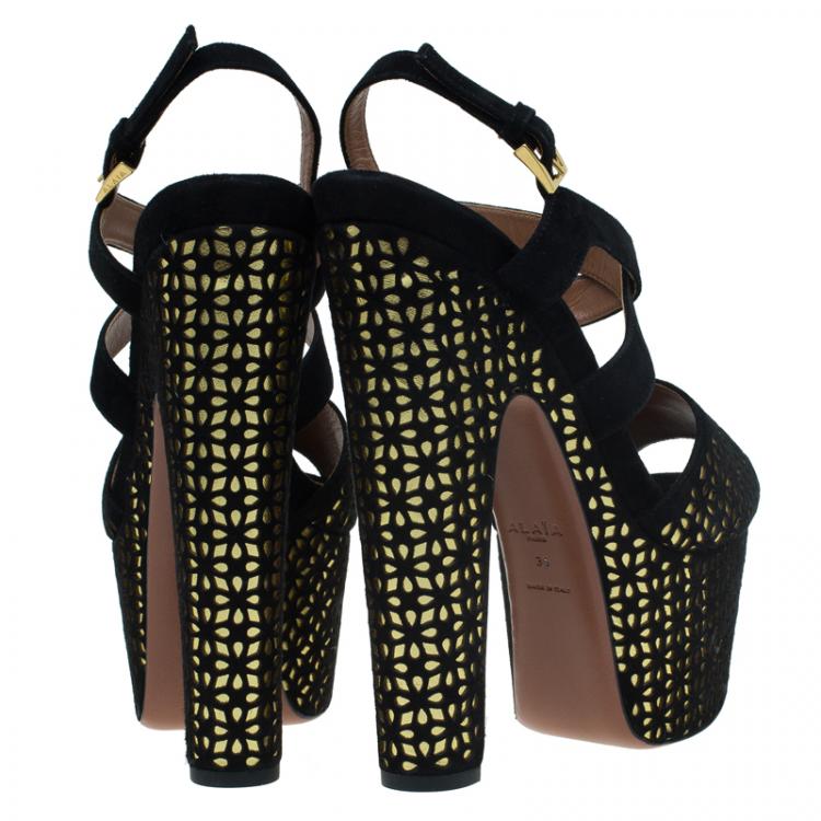 Pre Owned Azzedine Alaia Black and Metallic Gold Suede Cutout Platform Sandals Size 38