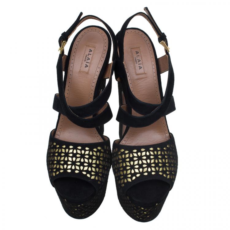 Pre Owned Azzedine Alaia Black and Metallic Gold Suede Cutout Platform Sandals Size 38