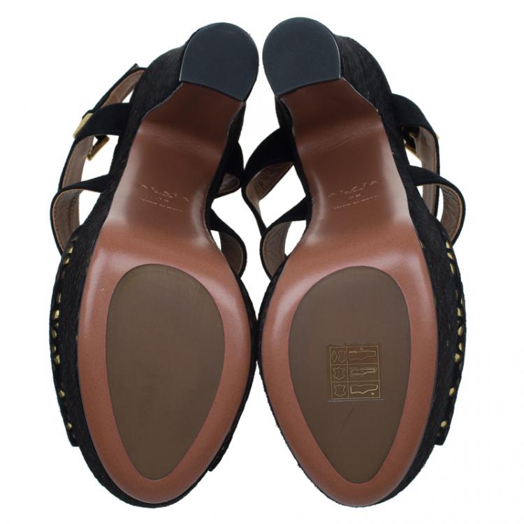 Pre Owned Azzedine Alaia Black and Metallic Gold Suede Cutout Platform Sandals Size 38