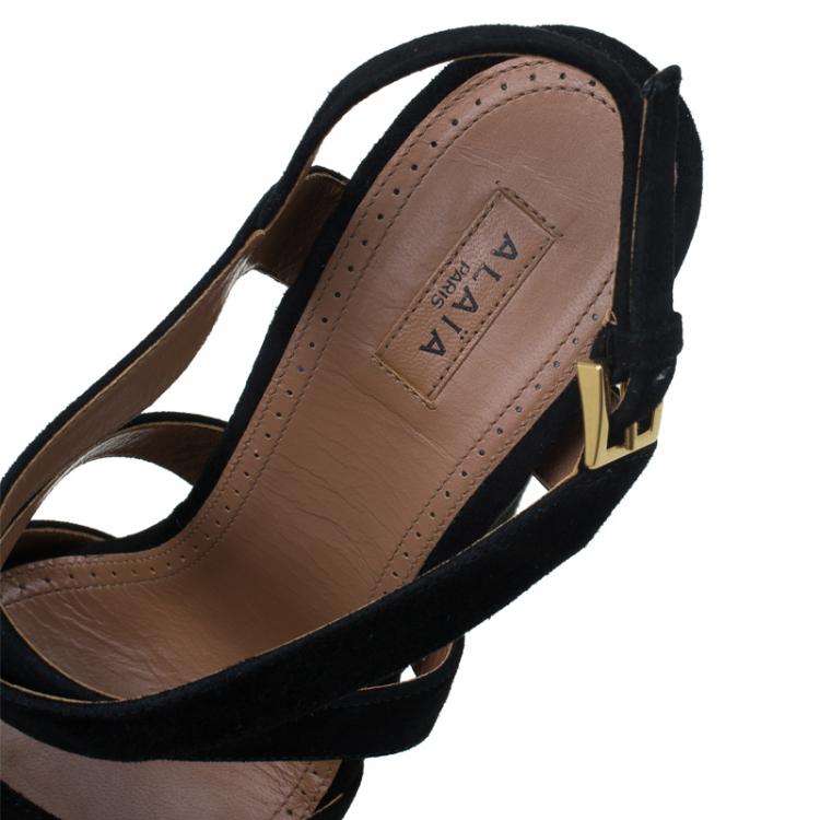 Pre Owned Azzedine Alaia Black and Metallic Gold Suede Cutout Platform Sandals Size 38